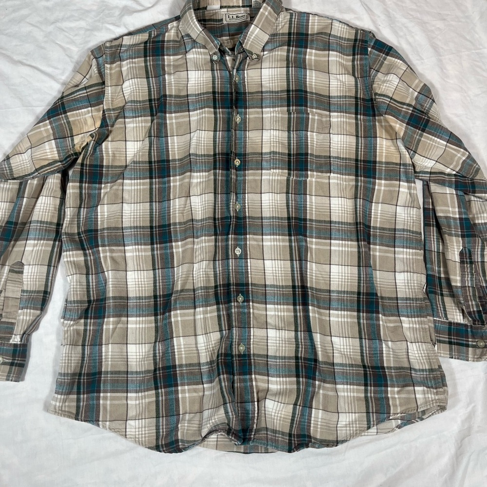 L.L. Bean Men's Plaid Shirt - Green and Tan size XL